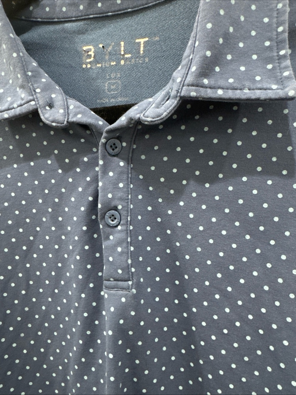 BYLT Premium Basics Polo Shirt Mens Medium Blue Polka Dot Stretch Performance - Picture 5 of 7